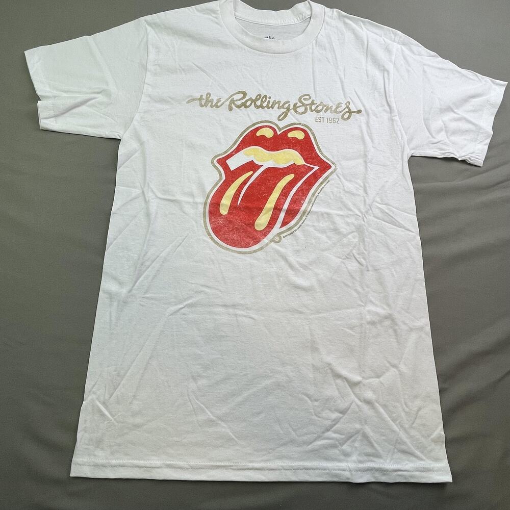 The Rolling Stones Shirt Mens Small White Tongue Logo EST 1962 Graphic Band Rock